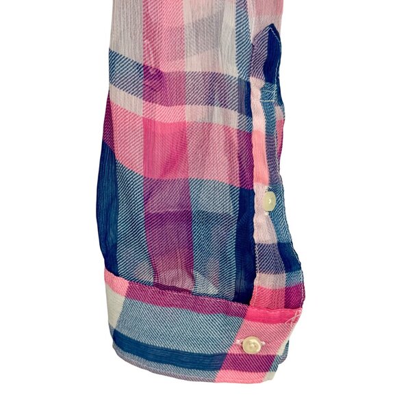Hollister 2016 Pink & Blue Sheer Plaid Button-Up & Roll Cuffs Casual Relaxed Top - Picture 4 of 13